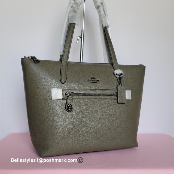 COACH Taylor Polished Pebbled Leather Large Tote- Army Green color ⭐ - Picture 2 of 16
